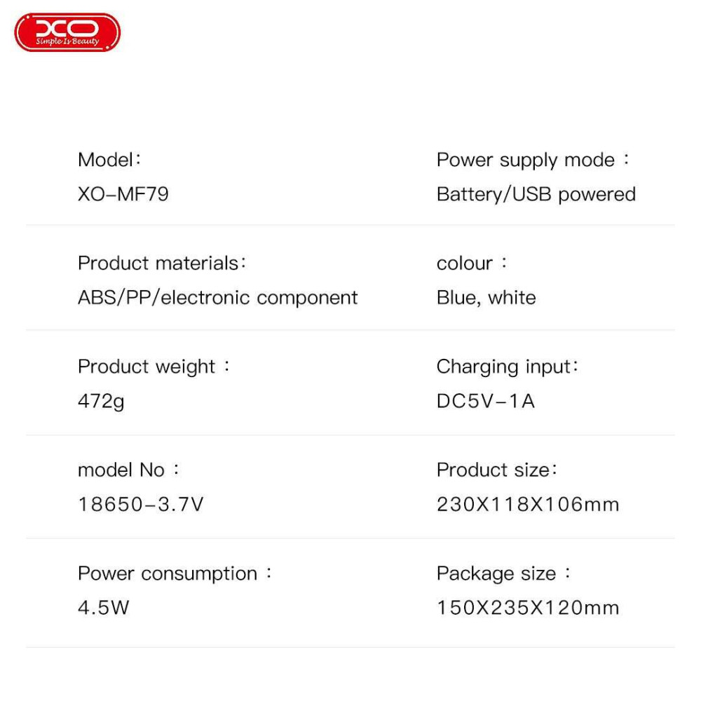 XO MF79 Ρυθμιζόμενος Ανεμιστήρας 6 Ιντσών 2400 MAh (Μπλε)